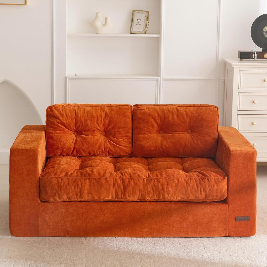 MAXYOYO Boneless Sofa Couch, Loveseat for Small Space, Tufted 2-Seater Floor Couch Bean Bag Chair for Living Room Bedroom Apartment, Sofa in a Box, No Assembly Needed, Orange