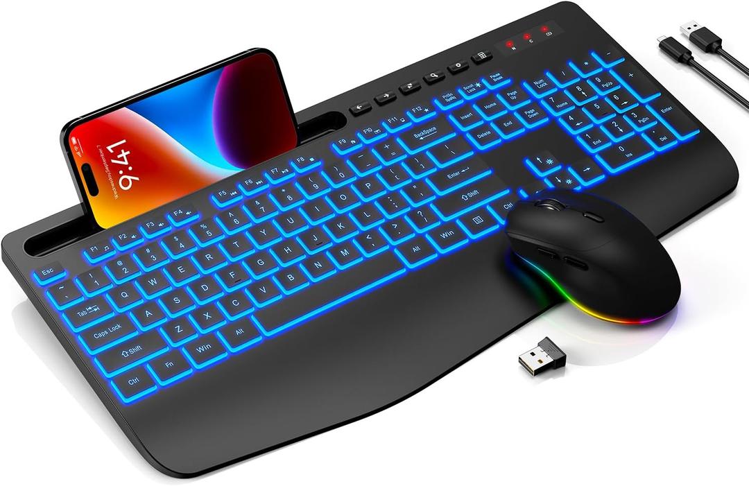 Wireless Keyboard and Mouse Combo- 7-Color Backlit, Wrist Rest, Rechargeable, Silent Light-Up Keys, RGB Mouse, Ergonomic Full Size Keyboard with Phone Holder for Windows, Mac, PC, Laptop - Trueque (Black)