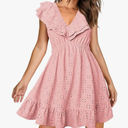 Summer V Neck Tie Back Ruffle Sleeve Hollow Out Casual A-Line Babydoll Swing Flowy Short Mini Dress,XS