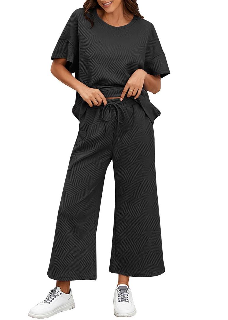 BXBY Women's 2 Piece Outfit Set Summer Lounge Going Out Matching Set Short Sleeve T-Shirt Wide Leg Pants Casual Wear Black (Black, S)
