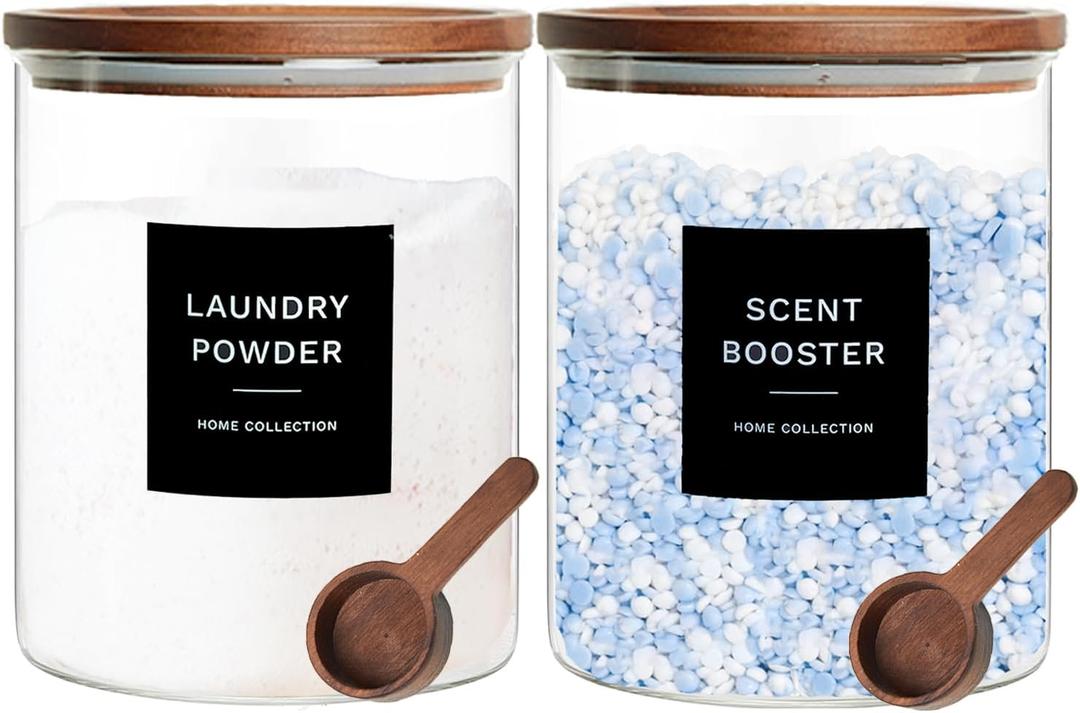Glass Laundry Storage Containers with Acacia Lids and Scoops, 2 Pack Laundry Room Organization Jars with Labels, Powder Detergent Organizer and Laundry Pod Holder, Glass Laundry Beads Canisters Set