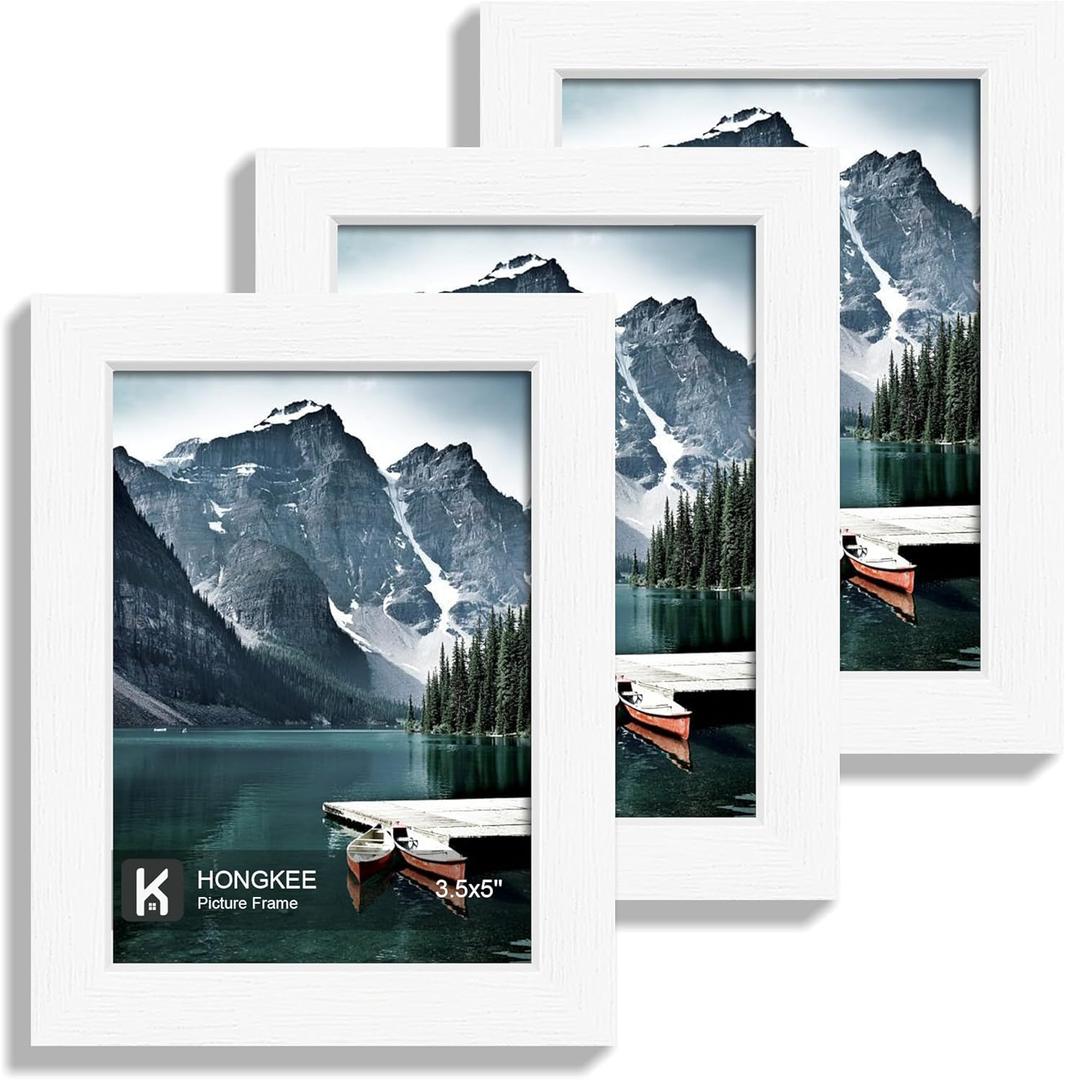 Hongkee 3.5x5 Picture Frame Set of 3 - Made of Real Glass and White Wooden Frame, 3.5 by 5 small Photo for Wall or Tabletop Display