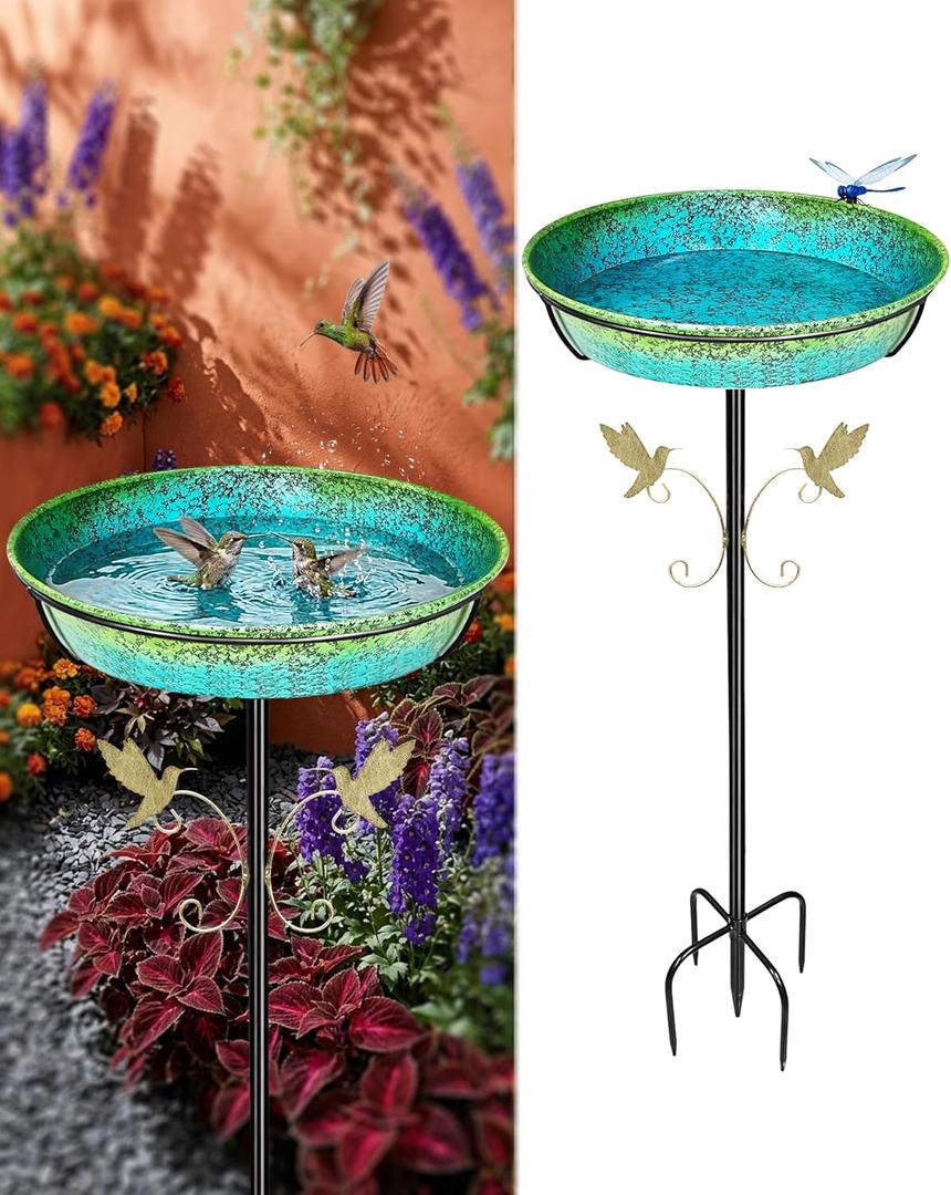 35" Metal Bird Bath for Outside Standing Metal Bird Bath Stake in Ground Iridescent Blue Green Birdbath with Scientifically Designed Color Lure for Birds 12" Detachable Bowl for Garden Patio Yard