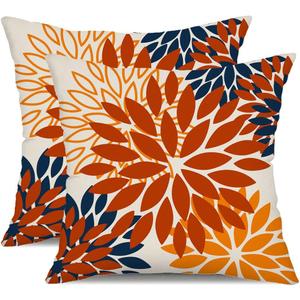 DFXSZ Orange Blue Flower Pillow Covers 18x18 Inch Set of 2 Fall Throw Pillows Outdoor Waterproof Decor for Living Room Sofa Patio Funiture Garden Floral Polyester Pillow Covers 012C18