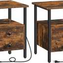 HOOBRO End Table Set of 2 with Charging Station, Bedside Table with 2 Drawer & USB Ports & Type-C Port, Nightstand for Small Spaces, Stable and Sturdy, for Living Room, Rustic Brown BF43UBZP201