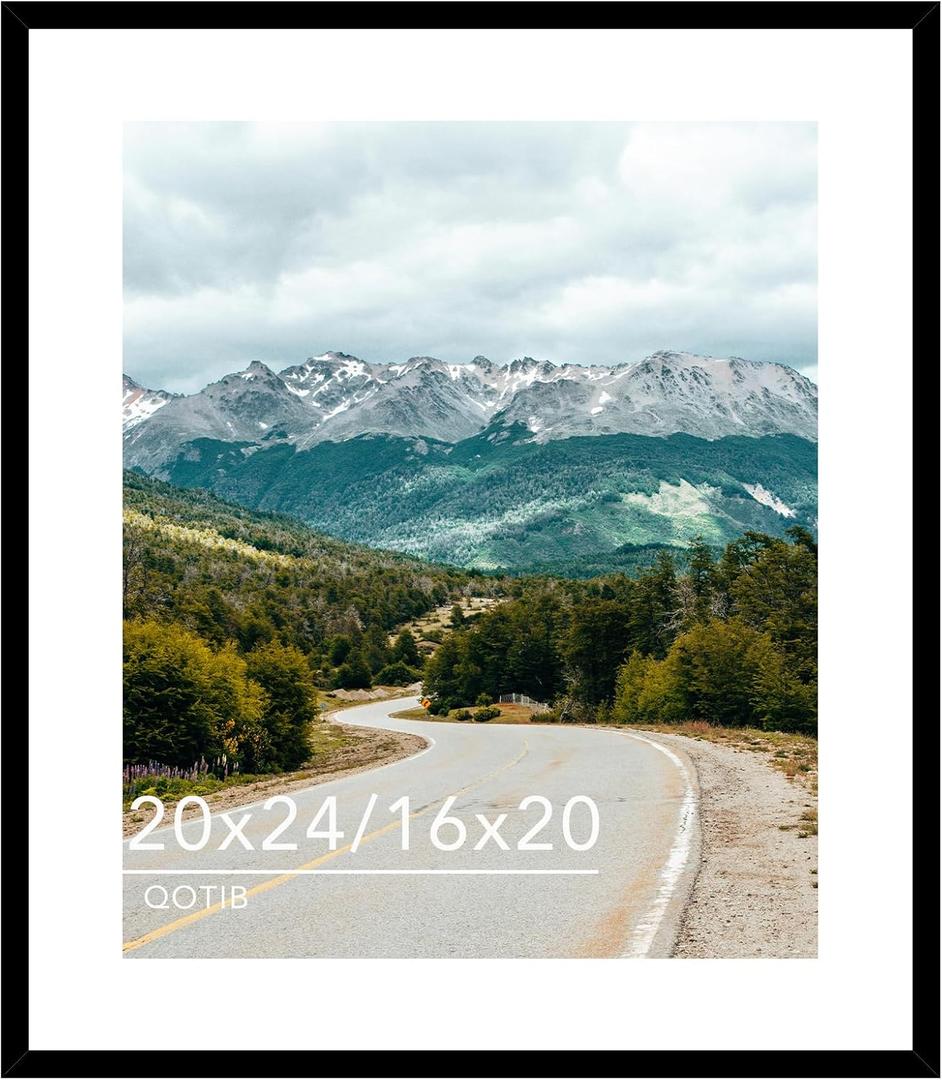 Wood 20x24 Picture Frame with 16x20 Mat Black, Display 16x20 with Mat or 20x24 Without Mat, Wood 20 by 24 Photo Frame, 20 x 24 Frame for Wall Hanging Display, Black