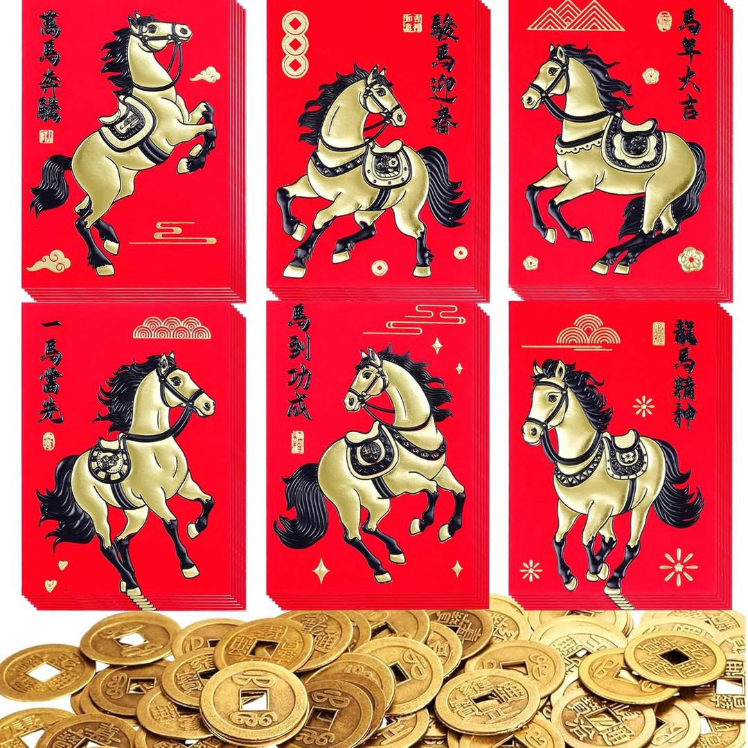 2 x 36 Pcs Chinese Red Envelopes Lucky Money Envelopes 2026 Chinese New Year Horse Year Envelope and 60 Pieces Chinese Feng Shui Coins Good Luck Fortune Coin I-Ching Coin for Health and Wealth, Medium