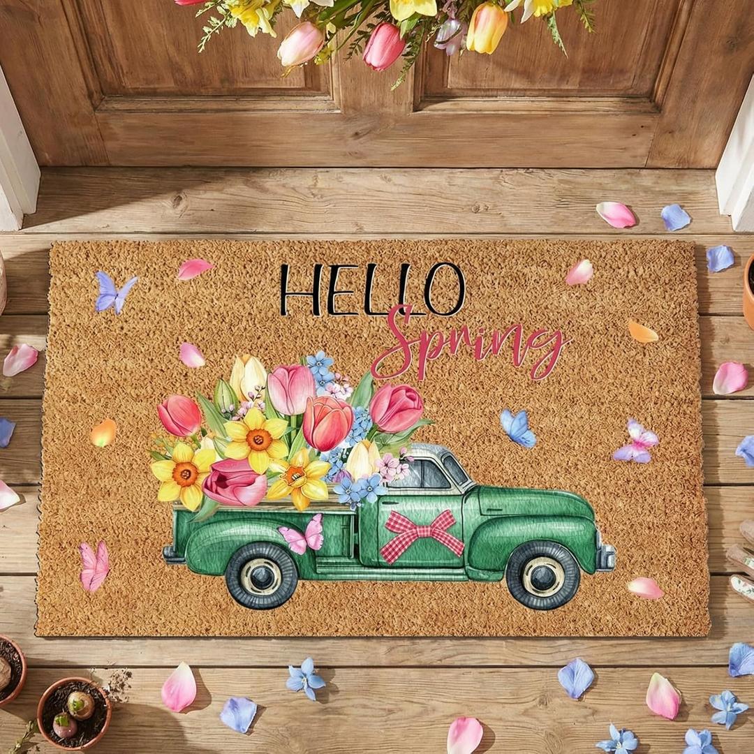 Tinideya Spring Coir Doormat for Front Door Flower Welcome Mat Outdoor with Non Slip Heavy Duty Entryway Truck Tulips Decor Gifts for Garden Patio Home Porch, 28 x 16 Inches (Hello Spring)