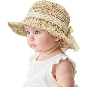 Century Star Baby Girls Straw Sun Hats for Infant Kids Summer Beach Hat for Toddler with Bow (A02 Beige)