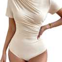 Milumia Women's Casual Ruched Mock Neck T Shirt Short Sleeve Tee Bodysuit Jumpsuit (Medium, Beige)
