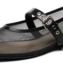 Rihero Mesh Ballet Flats for Women Square Toe Buckle Strap Mary Jane Flats Comfortable Casual Ballerina Shoes (6, Black)