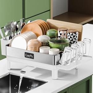 Dish Racks, Thicker Premium 304 Stainless Steel Dish Drying Rack for Kitchen Counter, Automatic Drainage Spout, Dish Drainer & Drainboard Set with Utensil Holder and Cup Holder, Grey