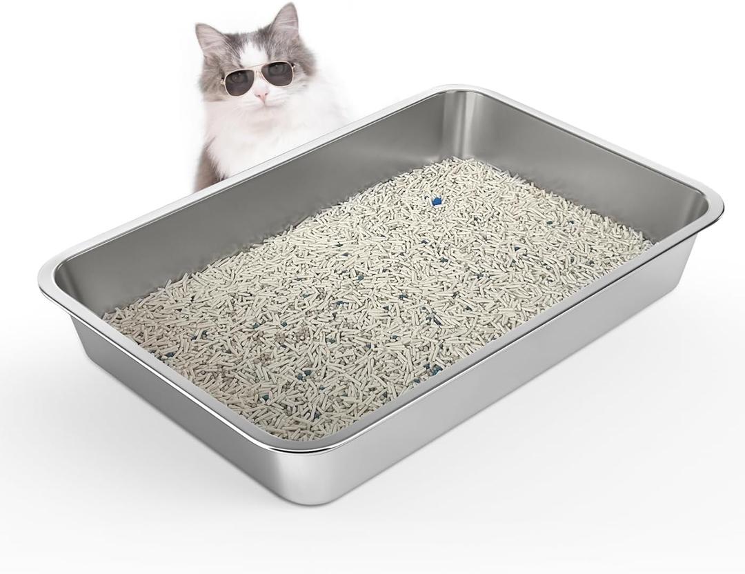 Stainless Steel Cat Litter Box, 4in Shallow Litter Box for Senior Cats and Kittens, Extra Large Metal Litter Pan Nonstick Odor Control Anti-Corrosion (Silver)