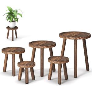 5-Pack Wood Plant Stands Indoor, Single Plant Stand for 6-12 Inch Pots, Mid-Century Modern Plant Stool, Tall Plant Stand for Large Plants for Living Room, Balcony, Office (Dark Brown)