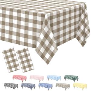2 Pack Khaki Gingham Tablecloth, 54 x 108 Inches Khaki and White Checkered Tablecloths Plastic Table Cloth Disposable Picnic Tablecovers for Rectangle Table