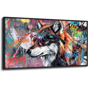 JEAWA Framed Canvas Wall Art - 20x40 In Abstract Painting Decor, Inspirational Graffiti Wolf Pictures, Modern Street Art Prints for Bedroom Living Room Bathroom Home Decoration