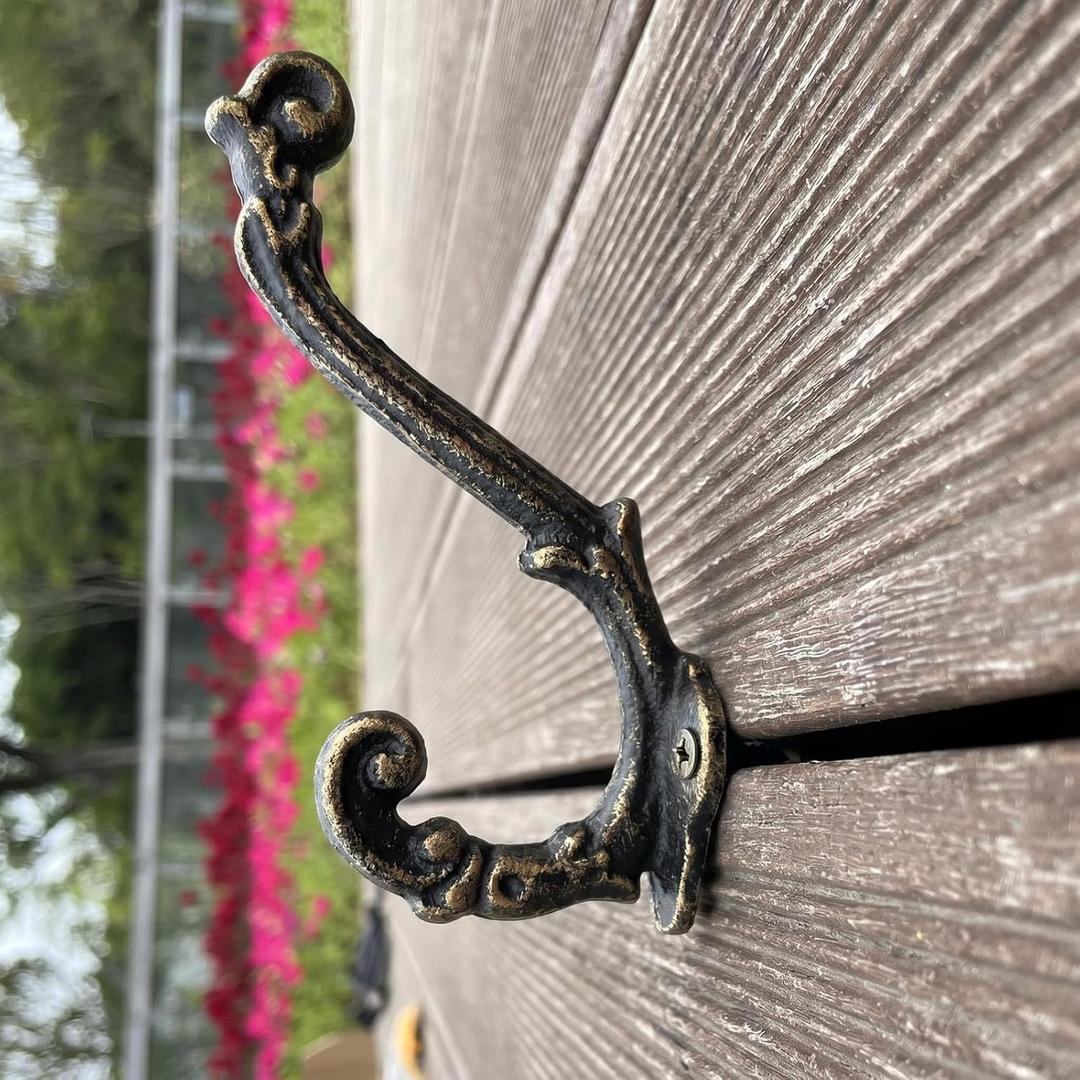 4 Pack Cast Iron Wall Hooks Antique Vintage Rustic Farmhouse Coat Hooks, Great for Coats, Bags, Towels, Hats, Mounting Screws Included (Gold & Black)