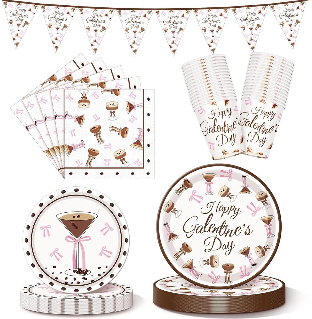 Qinyoung 25 Set Galentines Day Party Banner Decorations Espresso Martini Pink Bow Tableware Set Galentines Day Disposable Paper Dinner Plates Napkins and Cups for Valentines Party Supplies
