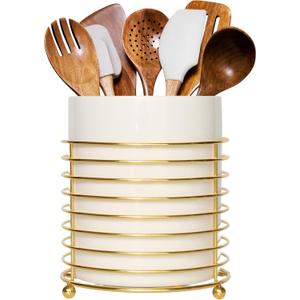 Utensil Holder for Kitchen Counter Large Cooking Utensil Holder,Gold Ring Metal Frame and White Ceramics