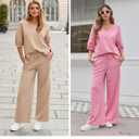 Fisoew Womens 2 Piece Outfits Casual V Neck Shirts Wide Leg Running Long Pants Loose Workout Tracksuit Sets (White, S)