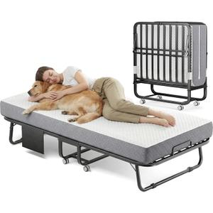 Decofy Folding Bed with Memory Foam Mattress, Portable Rollaway Guest Beds on Wheels, 75"x31" Twin Size Space-Saving Cot-Size Bed for Adults with Easy Assembly Metal Frame (White) (31inch)