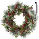 FINECASA Red Berry Christmas Wreath, 24 Inch Door Wreath, Pinecones & Mixed Greenery Holiday Decor for Front Door, Indoor/Outdoor Porch Window Decorations