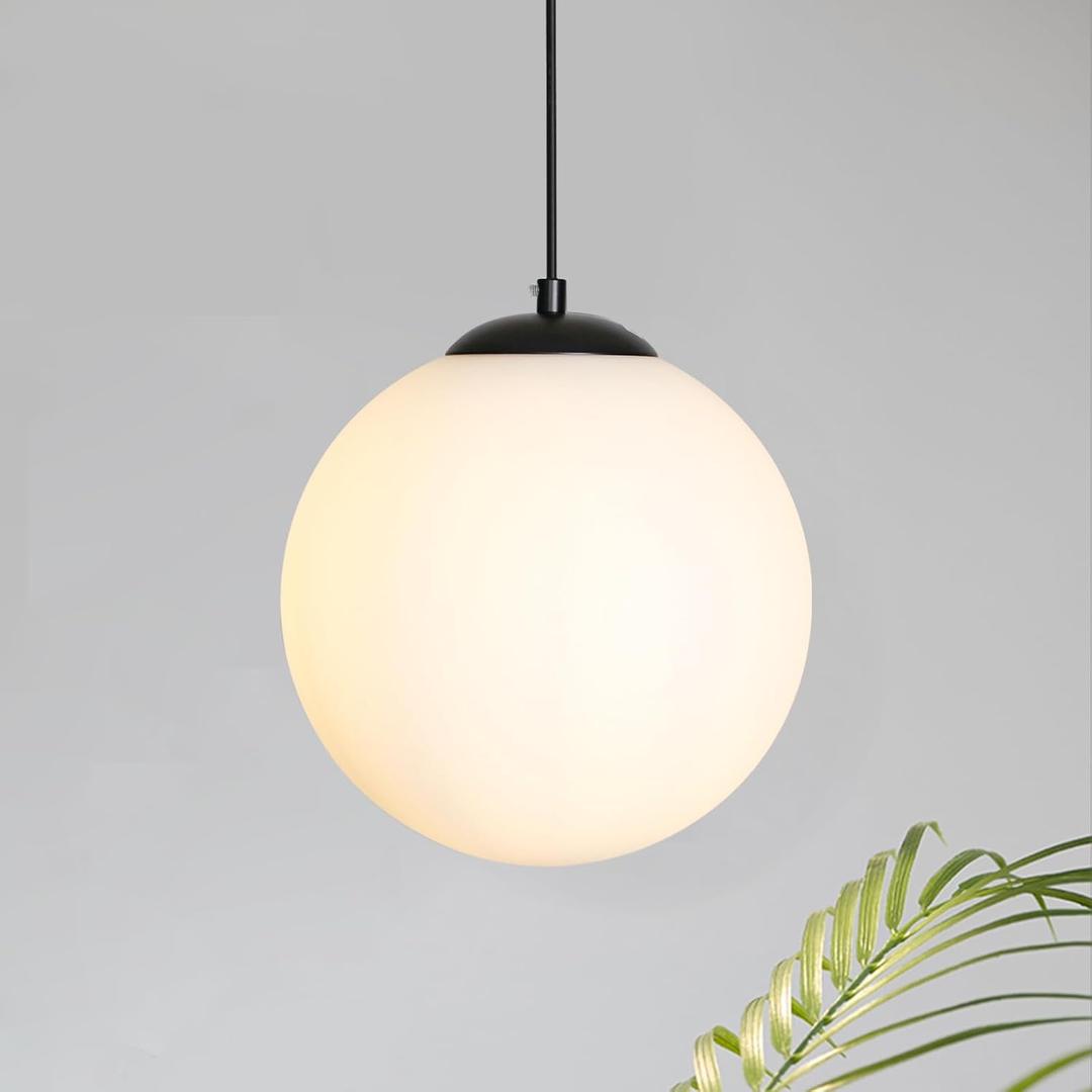 Globe Glass Pendant Lights - Black Mid Century Light Fixture with Milk Glass, Modern Ceiling Chandelier, Large Hanging Pendant Light for Kitchen, Bedroom, Living Room, Dinning Room, Hallway (Black-W 1 Light)