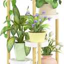 iDavosic.ly 5 Tier Bamboo Plant Stand Indoor Outdoor with Plastic Tray, Tiered Corner Flower Holder Shelf, Space Saving Orchid Display Rack for Patio Porch Living Room Garden Balcony, Natural White