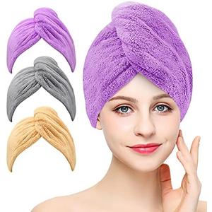 BEoffer Microfiber Hair Towel, 3 Packs Hair Turbans for Women, Men,Kids, Quick Dry Hair Wrap Towels for Curly,Long, Curly Hair Anti Frizz (Gray+Khaki+Purple)