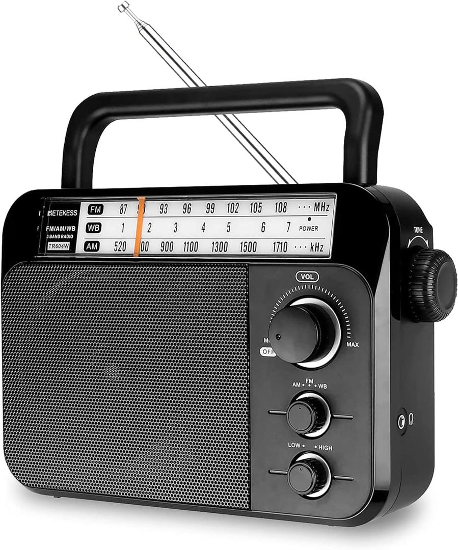 Retekess TR604W AM FM NOAA Radio, Portable Emergency Weather Radios with Best Reception, AC or D Battery Powered, with Clear Dial and Large Knob, Suit for Home (Black)