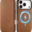 SHIELDON Real Leather Slim Case Wallet for iPhone 17 Pro 6.3-inch | Flip, Wireless Charging, Magnetic Closure, RFID Blocking Credit Card Holder, Full Protective Phone Cover - Saddle Brown