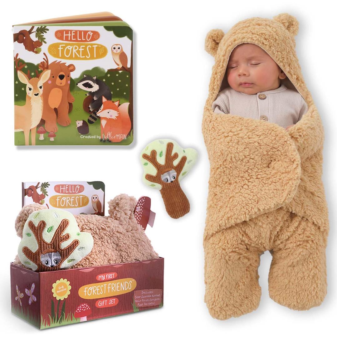 Tickle & Main Bear Swaddle Blanket Set with Newborn Essentials - 16-Page Illustrated Storybook - Cute Plush Cotton Tree Rattle Toy - 3-Piece Baby Registry Search Present for 0-12 Months Baby (3 Piece Set)