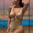 Women's Sexy One Piece Swimsuits Lightweight Metallic Bodysuit Rave Outfits Plunge High Cut Cheeky Monokini Bathing Suit (Gold, L)
