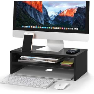 BONTEC Wooden Monitor Stand Riser, 2-Tier Desk Shelf with Storage Organizer, Ergonomic Computer Stand with Cable Management, Cellphone Holder, Black, 16.5 Inch