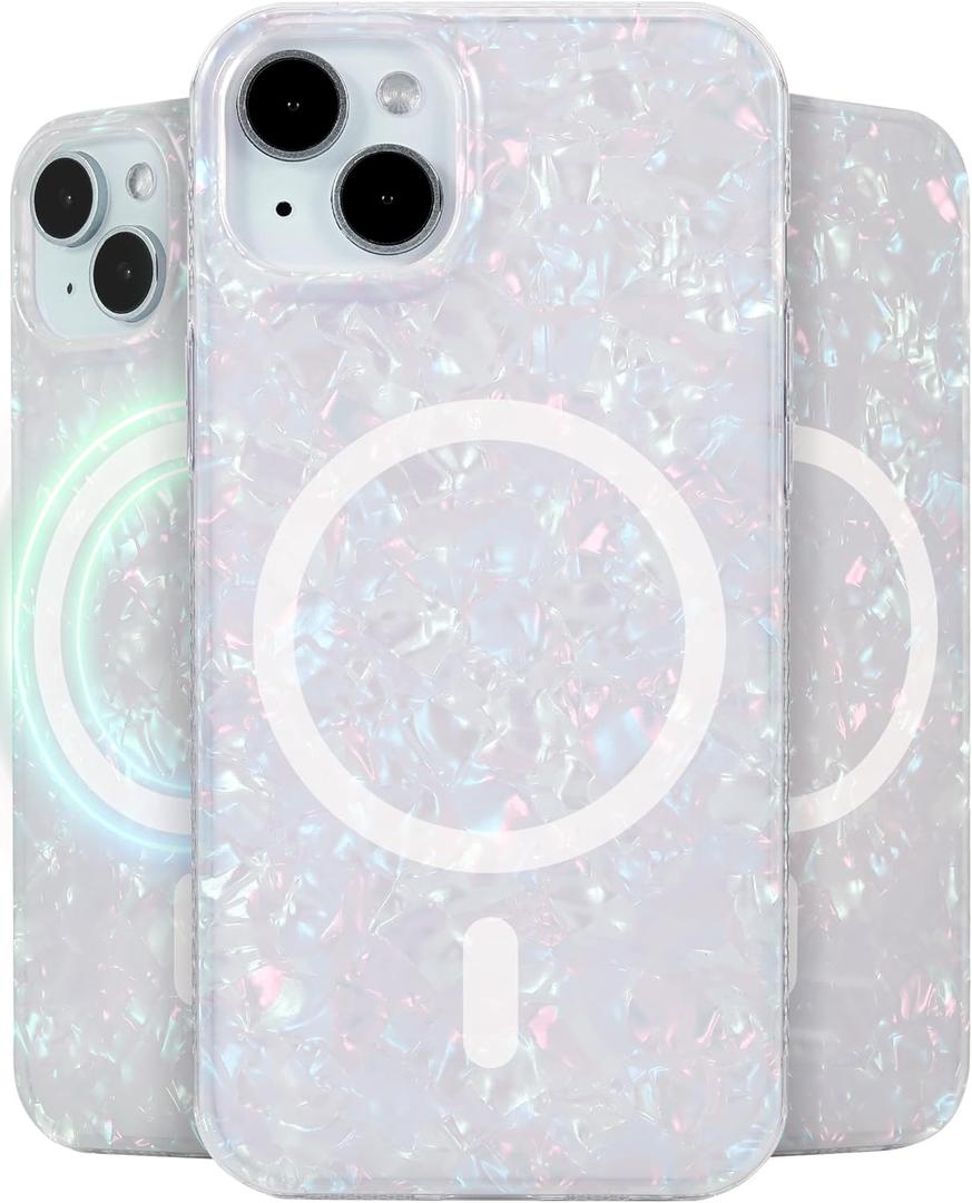 LONLI Hue - Magnetic Case for iPhone 15 - [Compatible with Magsafe] - [360 Shock-Absorbent Bumper] - [Cute and Unique Phone Cover for Girls and Women] - White Pearl Tort
