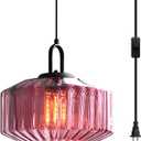 Vintage Plug-in Pendant Light, Striped Glass Shade & Black Metal Socket, E26 Hanging Lamp with 14.7Ft Adjustable Cord, Linging Fixture for Bedroom, Kitchen Island, Dining Room (Purple)