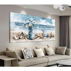 yearainn Coastal Canvas Wall Art - Rustic Jar Flowers Pictures Wall Decor Seashells Seaside Painting Artwork Ocean Landscape Prints for Living Room Bedroom Office Home Decor Ready to Hang 48" x 24"