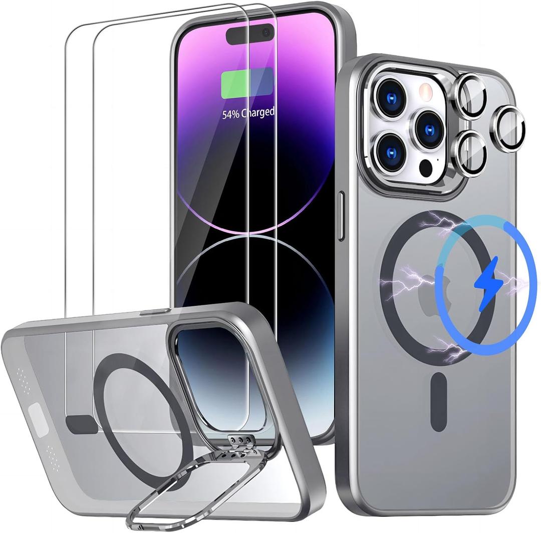5 in 1 Case Designed for iPhone 14proMax with Screen Protector [2 Pack] + Camera Lens Protector [2 Pack] with 180 Lens Stand, Magnetic Car Mount Compatible - Silver
