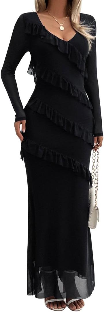 Womens Long Sleeve Mesh Bodycon Dress 2025 Fall Wedding Guest Cocktail Maxi Dresses (Black, L)