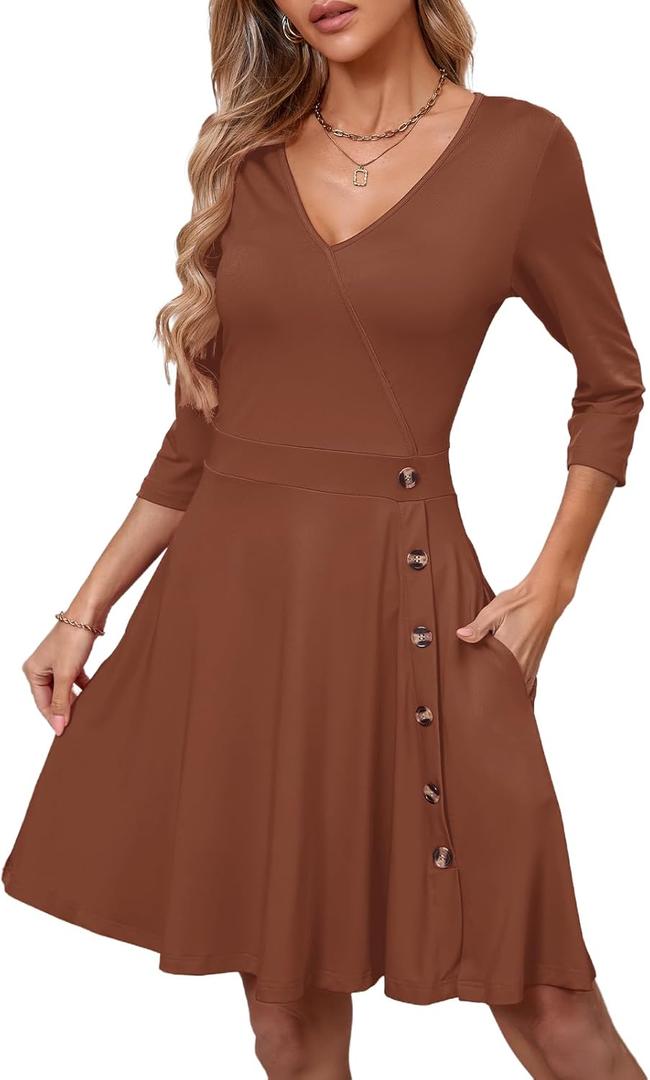 PerZeal Casual Dress for Women V-Neck 3/ 4 Sleeve Wedding Guest Knee-Length A-Line Cocktail Party Dress with Pockets Brown X-Large