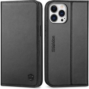 SHIELDON Case for iPhone 13 Pro Max 5G, Genuine Leather Wallet Case Magnetic Folio Shockproof Cover Kickstand RFID Credit Card Holder Compatible with iPhone 13 Pro Max (6.7" 2021 Release) - Black