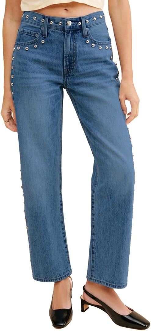 D-Sun Women's Mid Rise Straight Leg Jeans Studded Wide Leg Casual Jeans Rivet Stretchy Baggy Denim Pants (Blue)