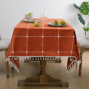 Softalker Fall Tablecloth Rectangle, Waterproof Linen Cotton Farmhouse Table Cloths with Tassel, Heavy Weight Wrinkle Free Table Cover for Dining/Party/Rustic - 55 x 84 Inch, Burnt Orange Plaids