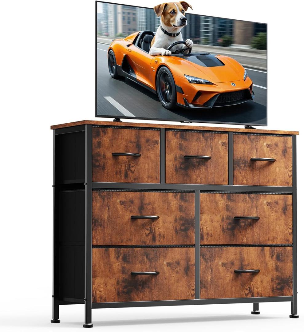DUMOS Dresser for Bedroom with 7 Drawers, Storage Organizer Units Furniture, Chest Tower TV Stand with Fabric Bins, Metal Frame, Wooden Top for Nursery, Living Room, Bedroom, Closet, Brown (11.8"D x 39.4"W x 30.3"H (7 Drawers))