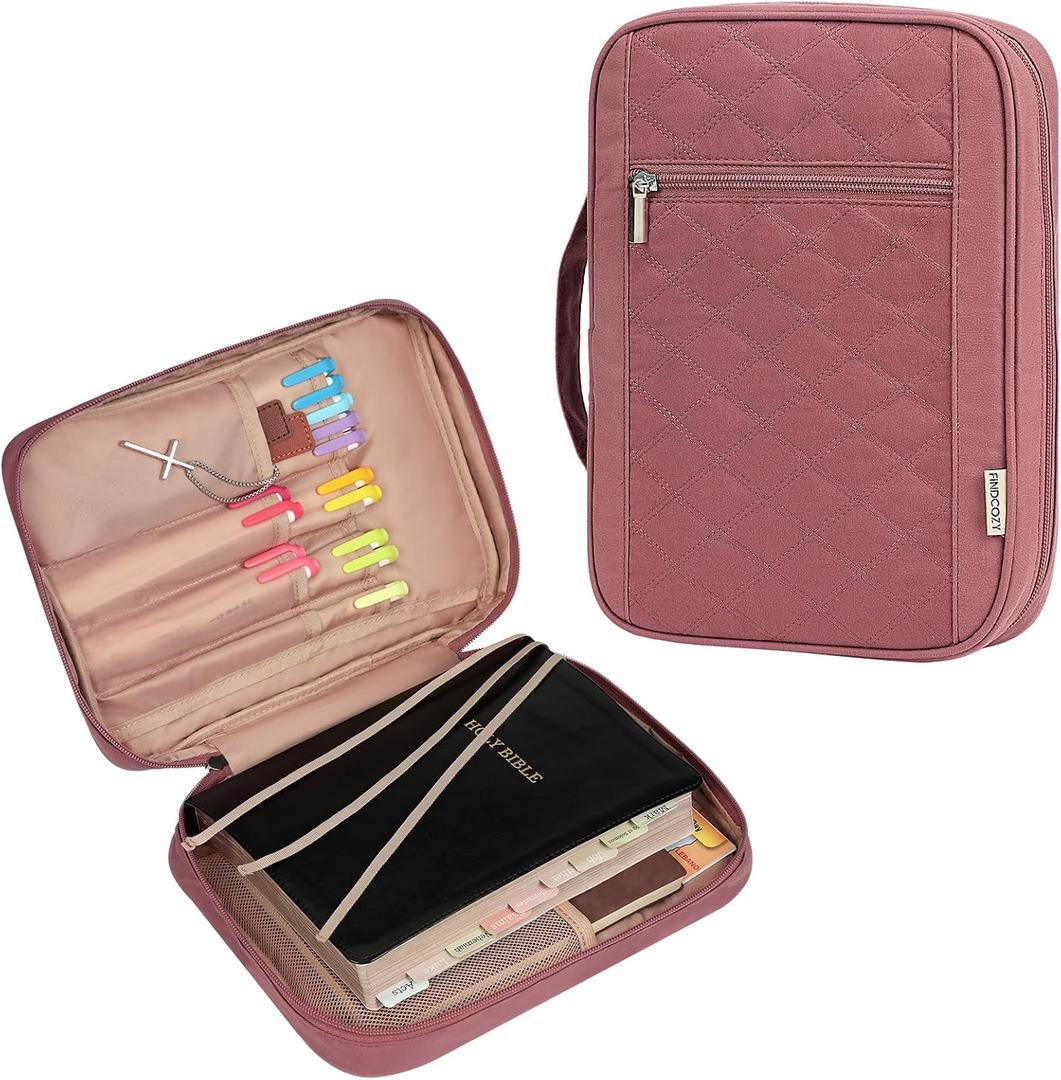 FINDCOZY Bible Cover for Women, Durable Carrying Book Case Church Bag for Biblical Accessories with Handle and Zippered Pocket, for Scriptures, Rosewood Pink (Medium)