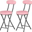 Cushioned Padded Folding Stools, Folding Bar Stool with Backrest, 220lb Capacity, 19 Inch Collapsible Round Portable Foldable Chair for Outdoor Indoor Kitchen Camping Fishing (Pink, 2 Pack)