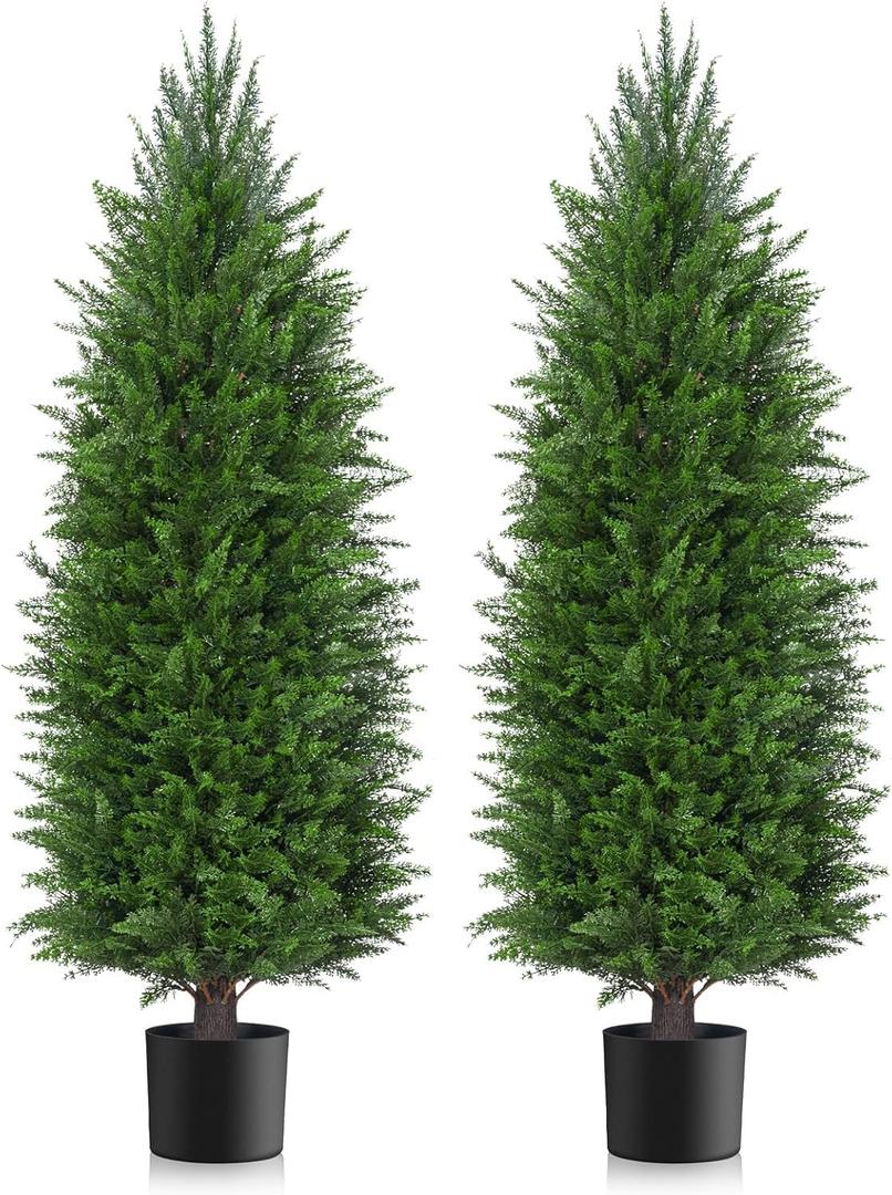 6FT Artificial Topiary Cedar Plants Outdoor, Faux Pine Trees UV Resistant and Potted, 72 Inch Tall Fake Shrubs Evergreen for Front Porch Decor Set of 2