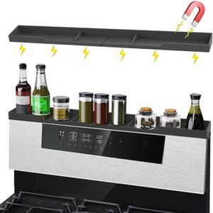 Silicone Stove Top Shelf - 30" Magnetic Over Stove Top Shelf with Zero Installation - Spice Rack with Partition and Perimeter Fence (Black)