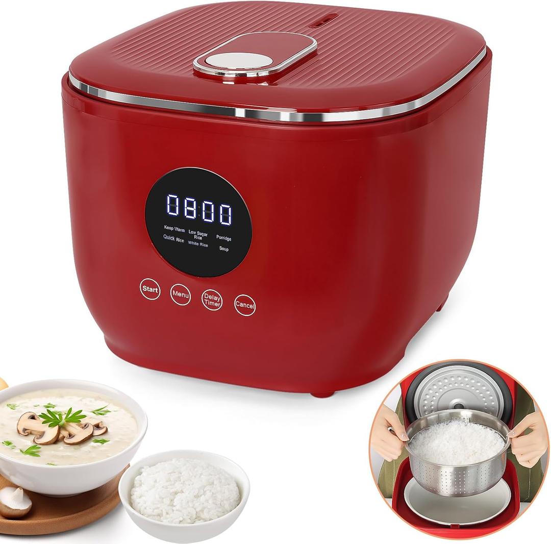 Low Sugar Rice Cooker with Steamer Basket, 3L Small Low Carb Rice Cooker with Stainless steel Steamer Basket (Red)