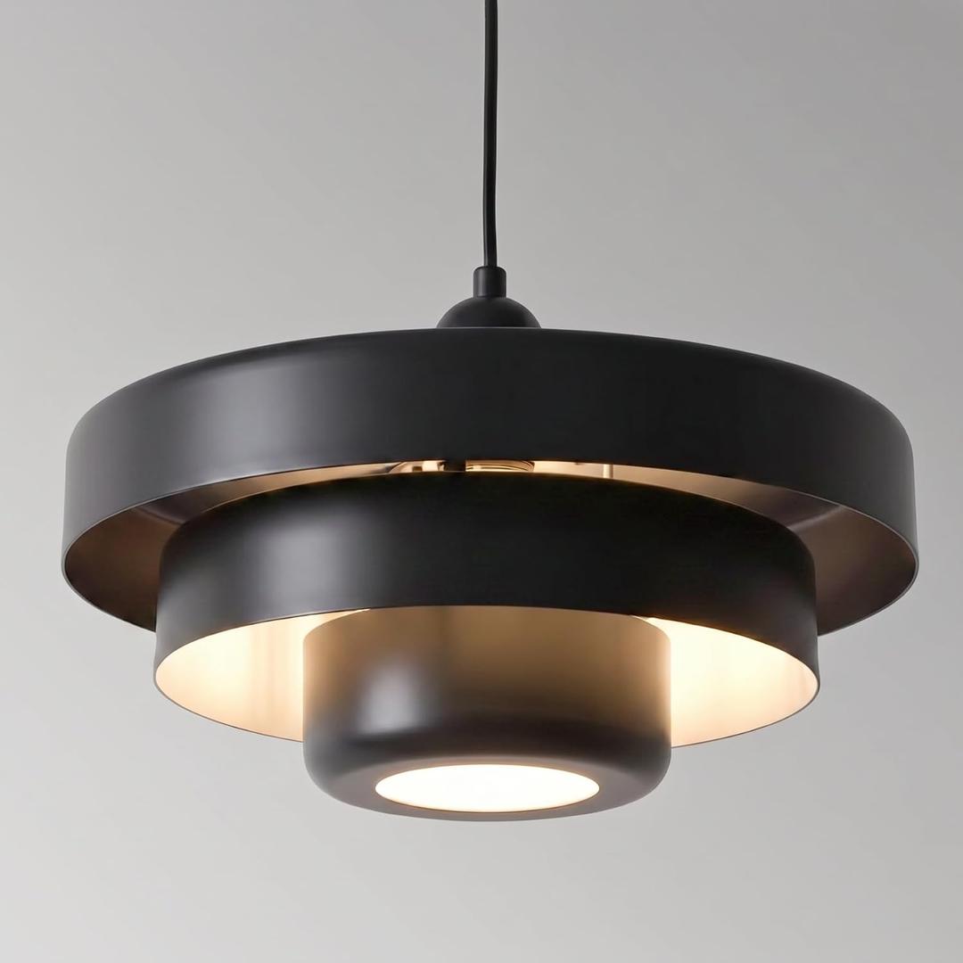 Modern Tiered Metal Pendant Light, Adjustable Height Ceiling Light Fixture, All-Metal Construction, Mid-Century Pendant Lighting for Kitchen Island Dining Room Living Room Hallway(Matte Black)